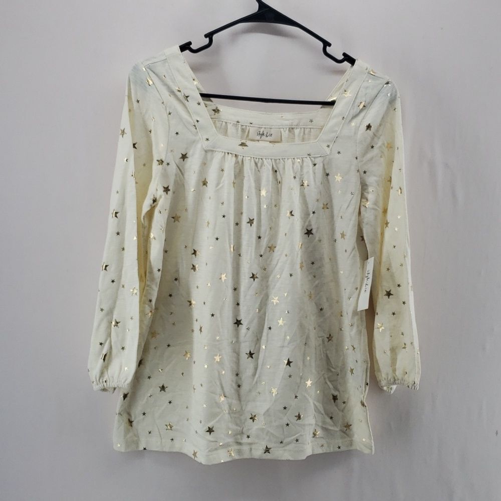 Style & Co Ivory Star Print Top Small Casual Lightweight Blouse (AN)